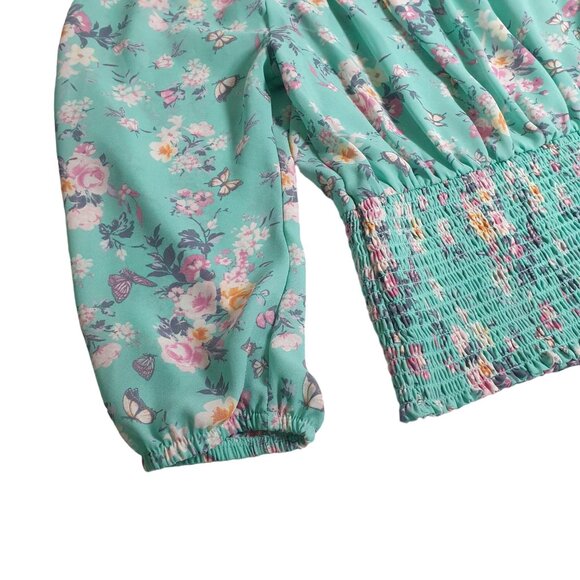 No Boundaries Floral Off Shoulder Blouse M (7-9) Pink Rose Butterflies Stretch - Picture 5 of 6